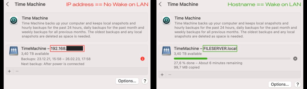 Use the Hostname Not the IP Address for Time Machine Backups to Enable Wake on LAN (WoL)